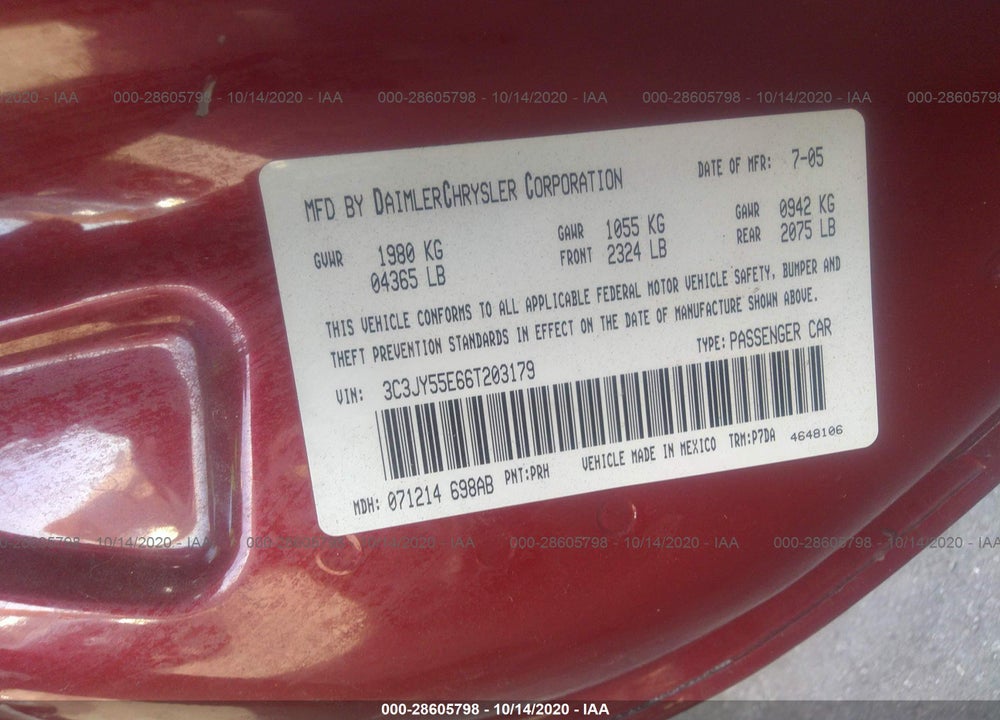 2006 CHRYSLER PT CRUISER VIN: 3C3JY55E66T203179