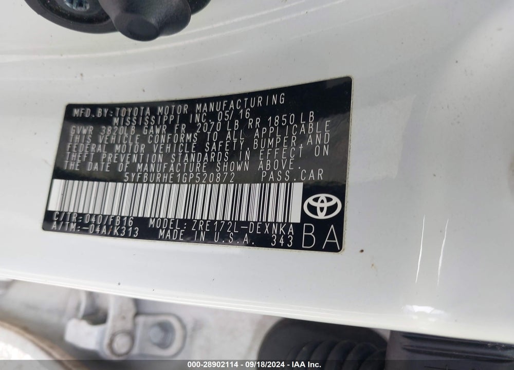 2016 TOYOTA COROLLA LE VIN: 5YFBURHE1GP520872