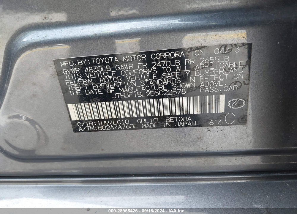 2013 LEXUS GS 350 VIN: JTHBE1BL2D5022578