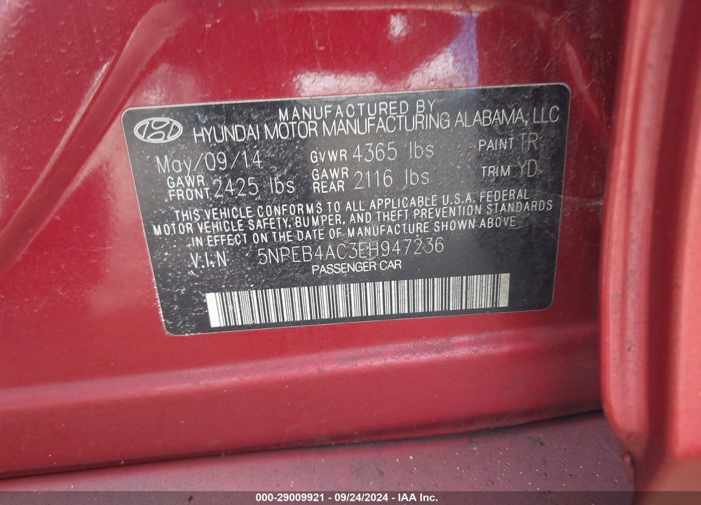 2014 HYUNDAI SONATA GLS VIN: 5NPEB4AC3EH947236