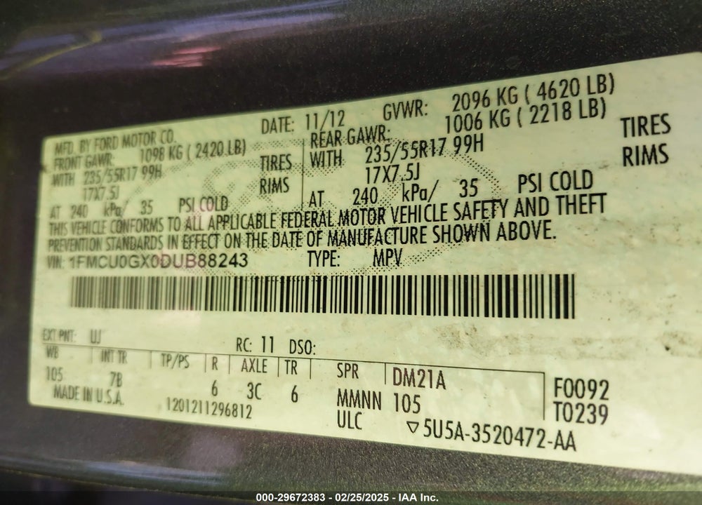 2013 FORD ESCAPE VIN: 1FMCU0GX0DUB88243
