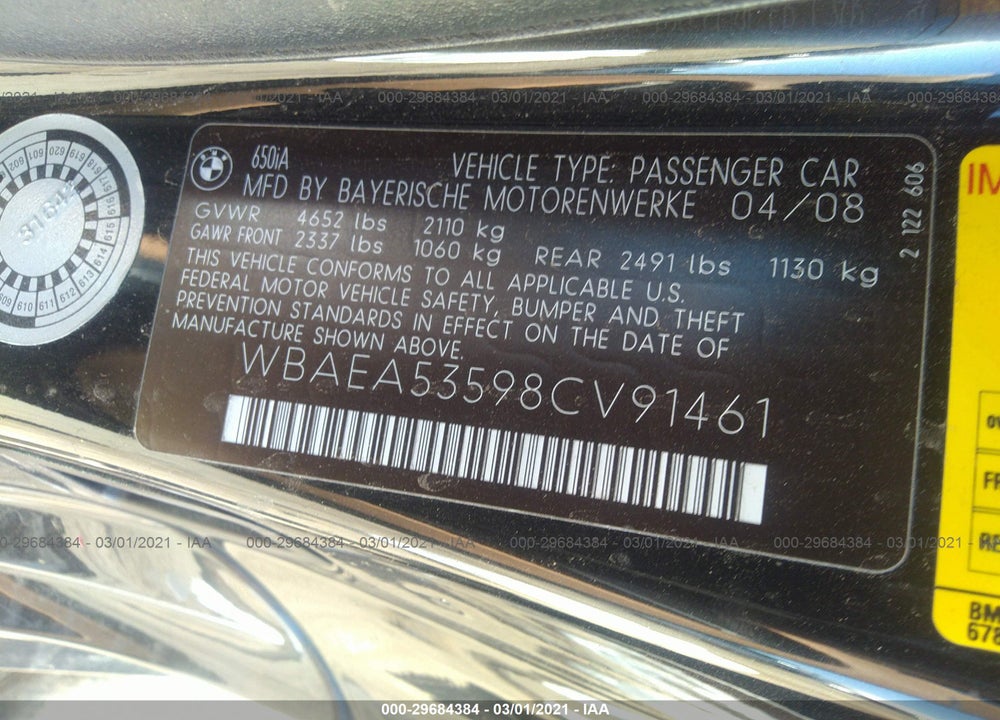 2008 BMW 6 SERIES VIN: WBAEA53598CV91461