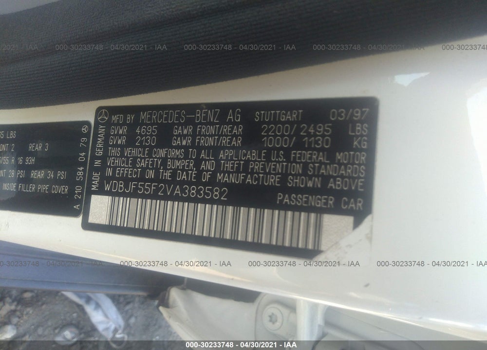 1997 MERCEDES-BENZ E-CLASS BASE (A5) VIN: WDBJF55F2VA383582