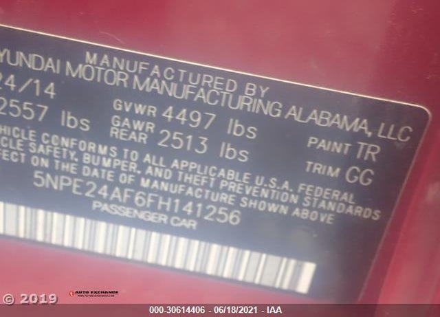 2015 HYUNDAI SONATA SE VIN: 5NPE24AF6FH141256