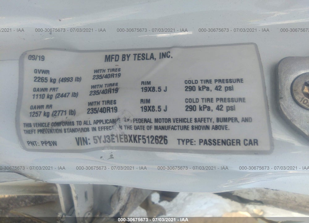 2019 TESLA MODEL 3 PERFORMANCE/LONG RANGE VIN: 5YJ3E1EBXKF512626