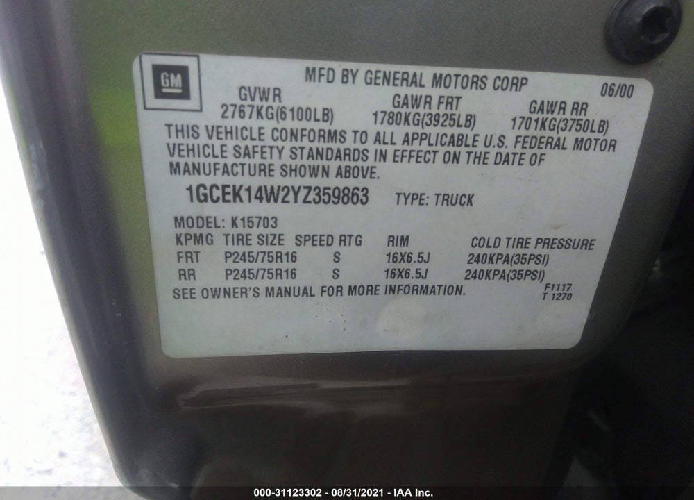 2000 CHEVROLET SILVERADO 1500 VIN: 1GCEK14W2YZ359863