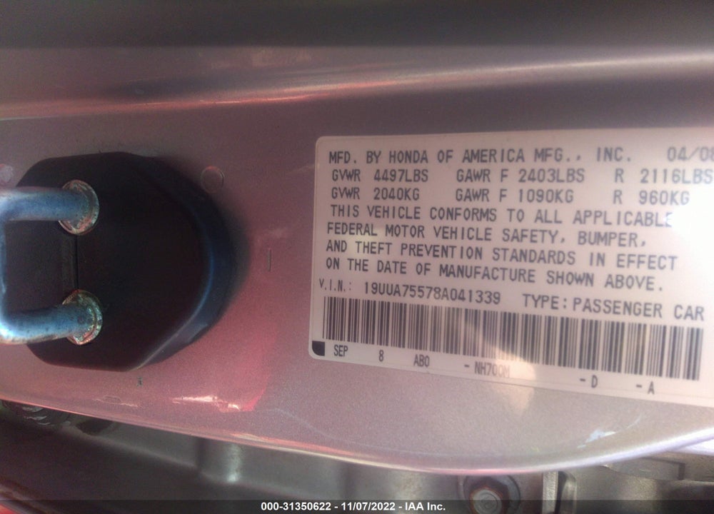 2008 ACURA TL TYPE S VIN: 19UUA75578A041339