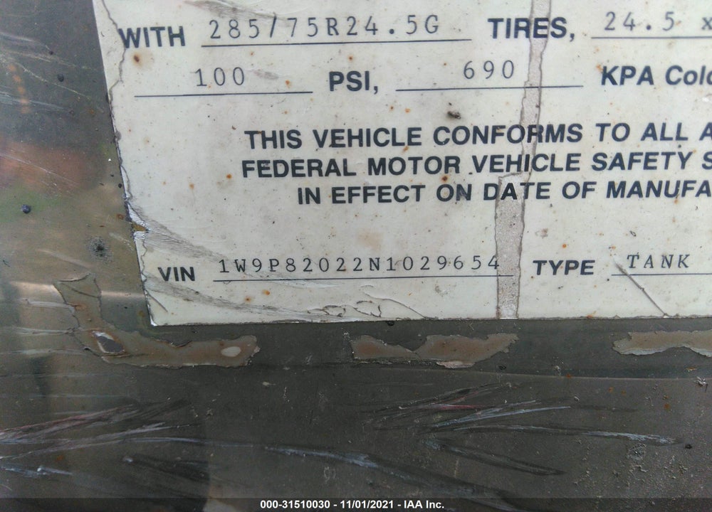 1992 WALKER STAINLESS EQUIP CO TANKER VIN: 1W9P82022N1029654