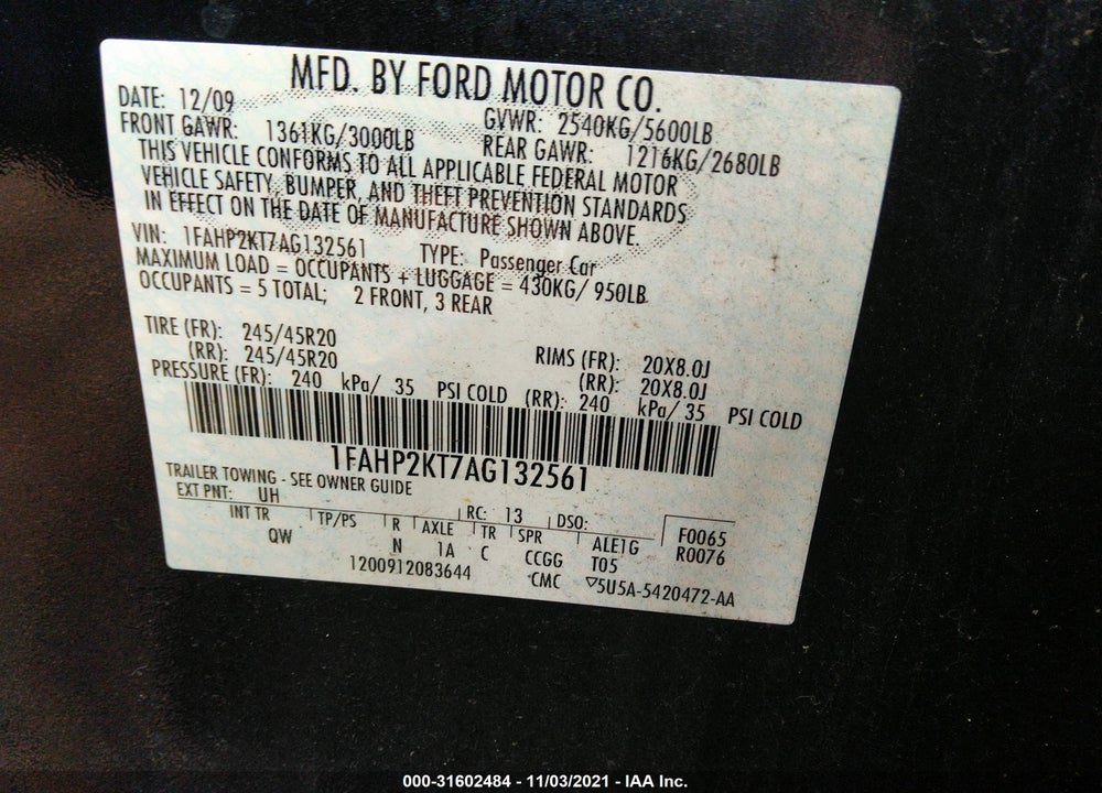 2010 FORD TAURUS VIN: 1FAHP2KT7AG132561