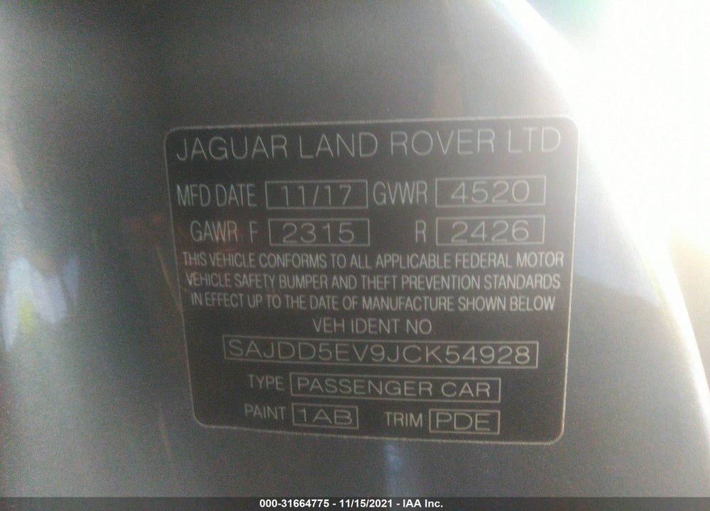 2018 JAGUAR F-TYPE 340HP VIN: SAJDD5EV9JCK54928