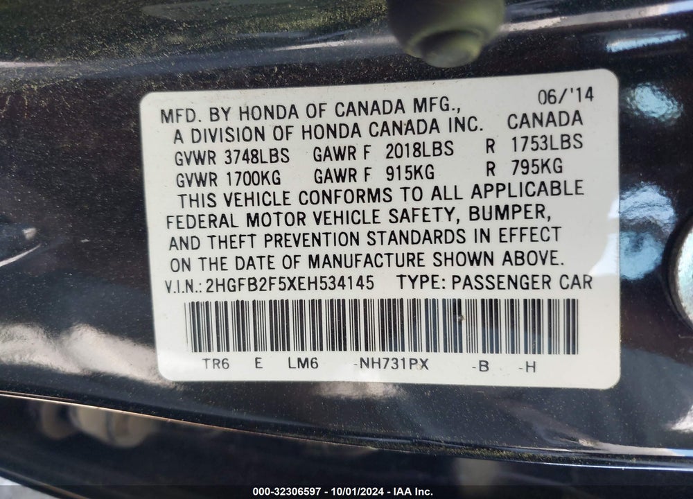 2014 HONDA CIVIC SEDAN LX VIN: 2HGFB2F5XEH534145