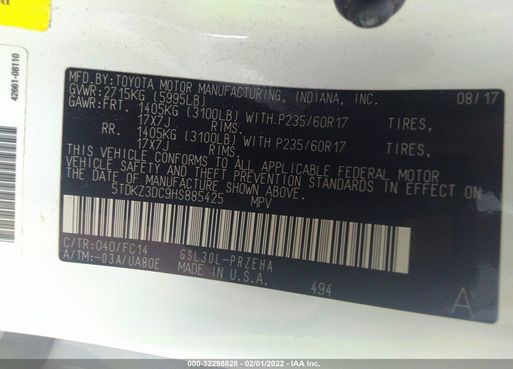 2017 TOYOTA SIENNA LE 8 PASSENGER VIN: 5TDKZ3DC9HS885425