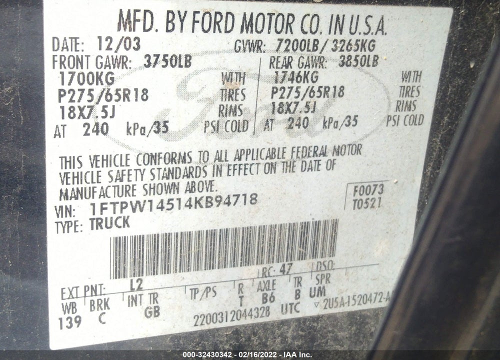 2004 FORD F-150 XLT/LARIAT/FX4 VIN: 1FTPW14514KB94718