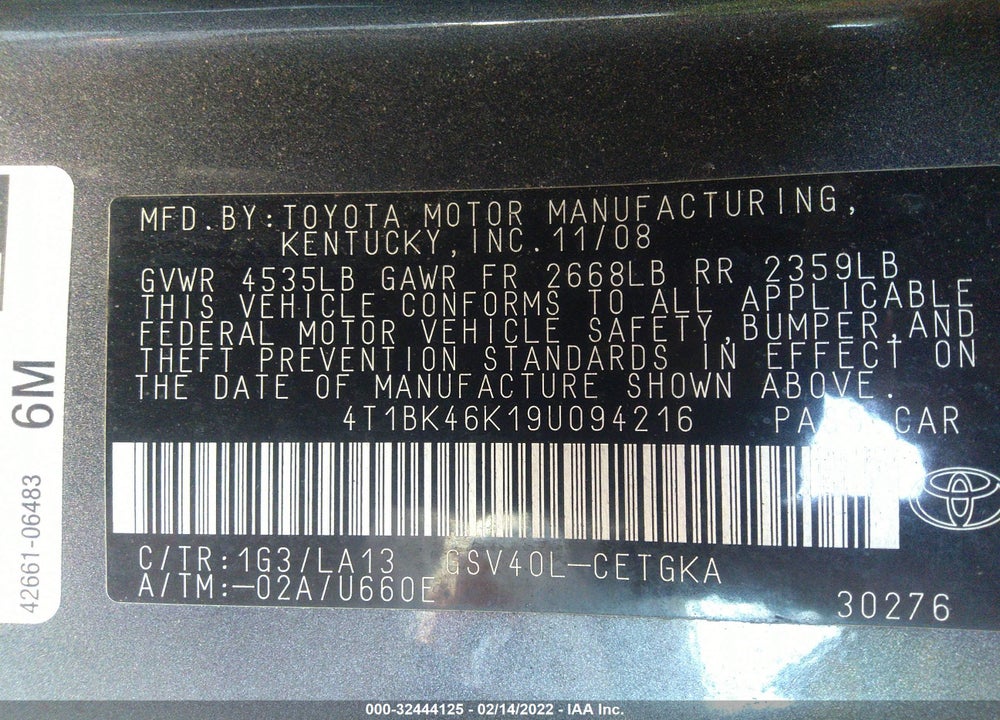 2009 TOYOTA CAMRY XLE V6 VIN: 4T1BK46K19U094216