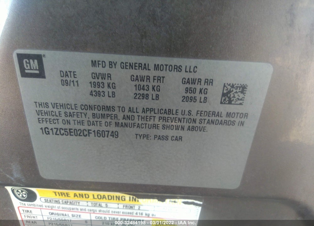 2012 CHEVROLET MALIBU VIN: 1G1ZC5E02CF160749