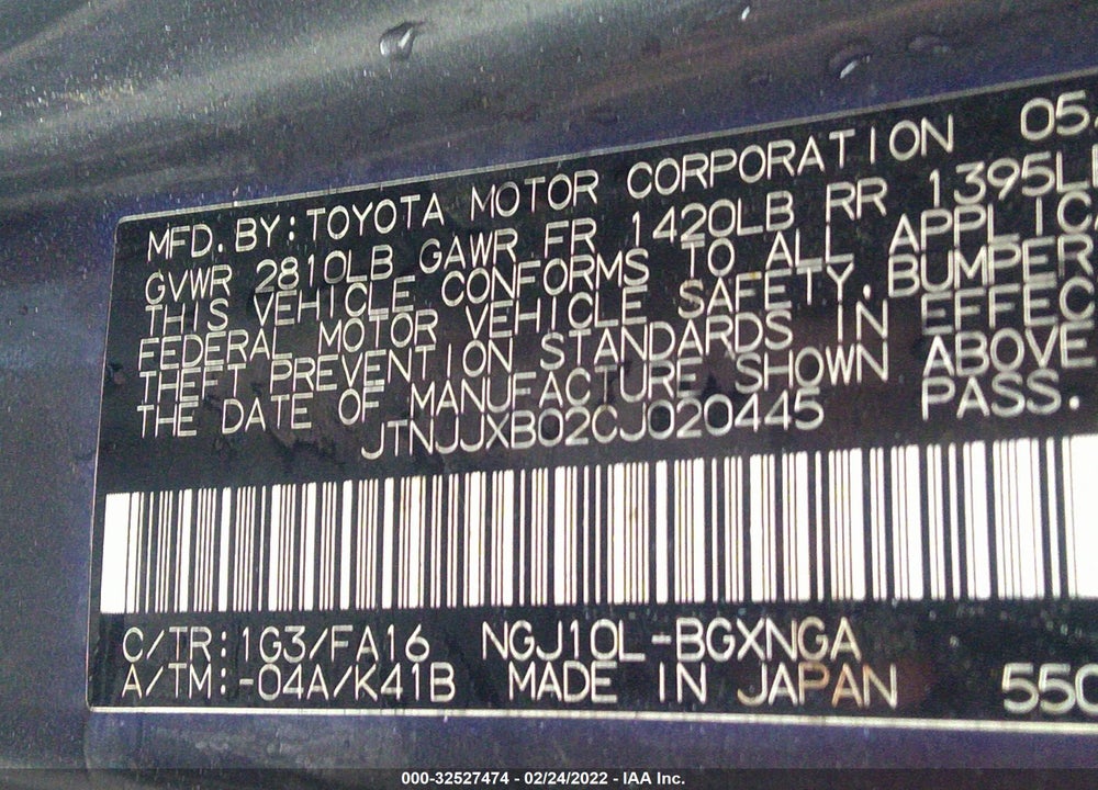 2012 SCION IQ VIN: JTNJJXB02CJ020445