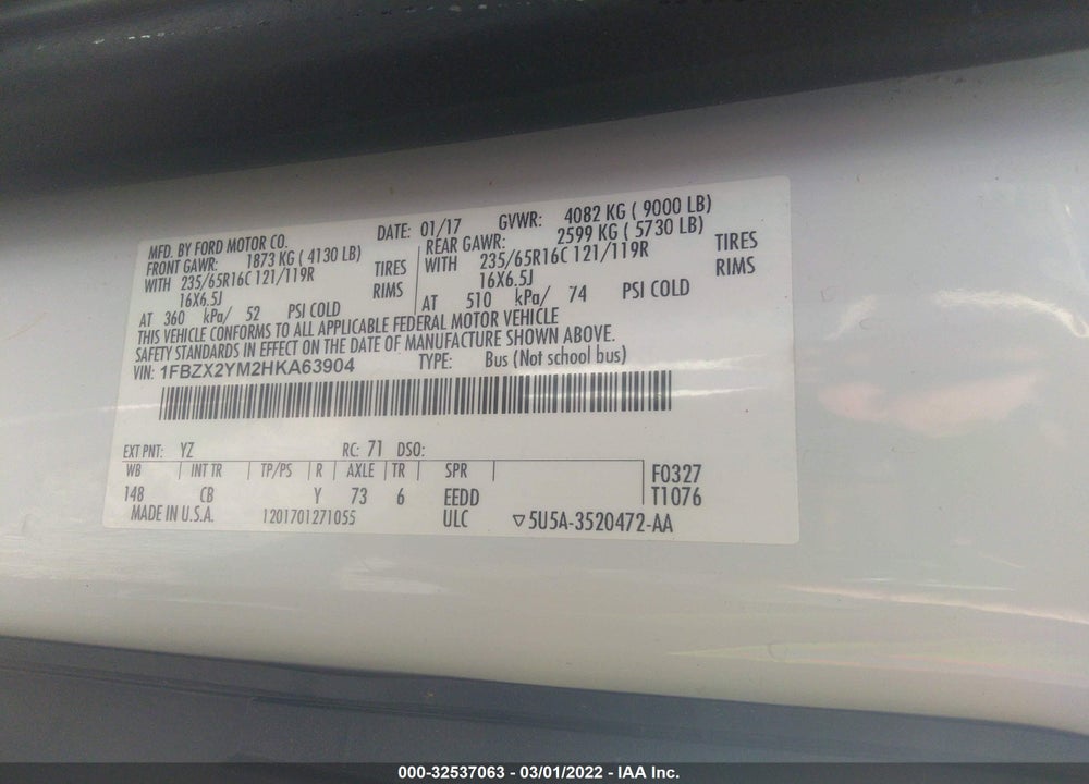 2017 FORD TRANSIT-350 XLT VIN: 1FBZX2YM2HKA63904