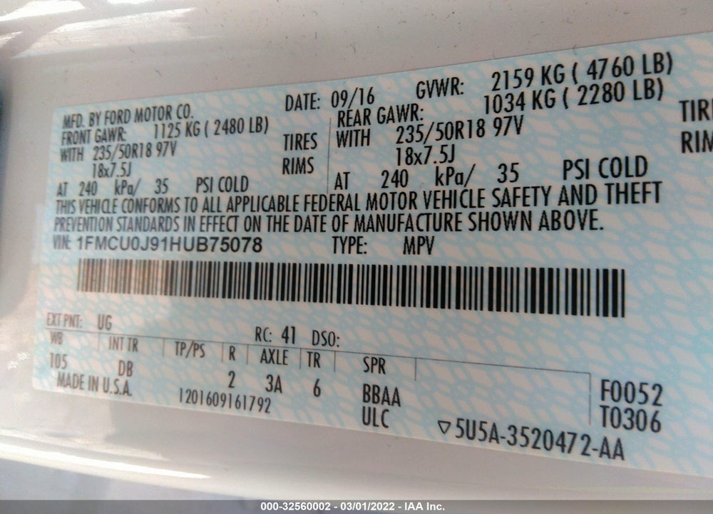 2017 FORD ESCAPE TITANIUM VIN: 1FMCU0J91HUB75078