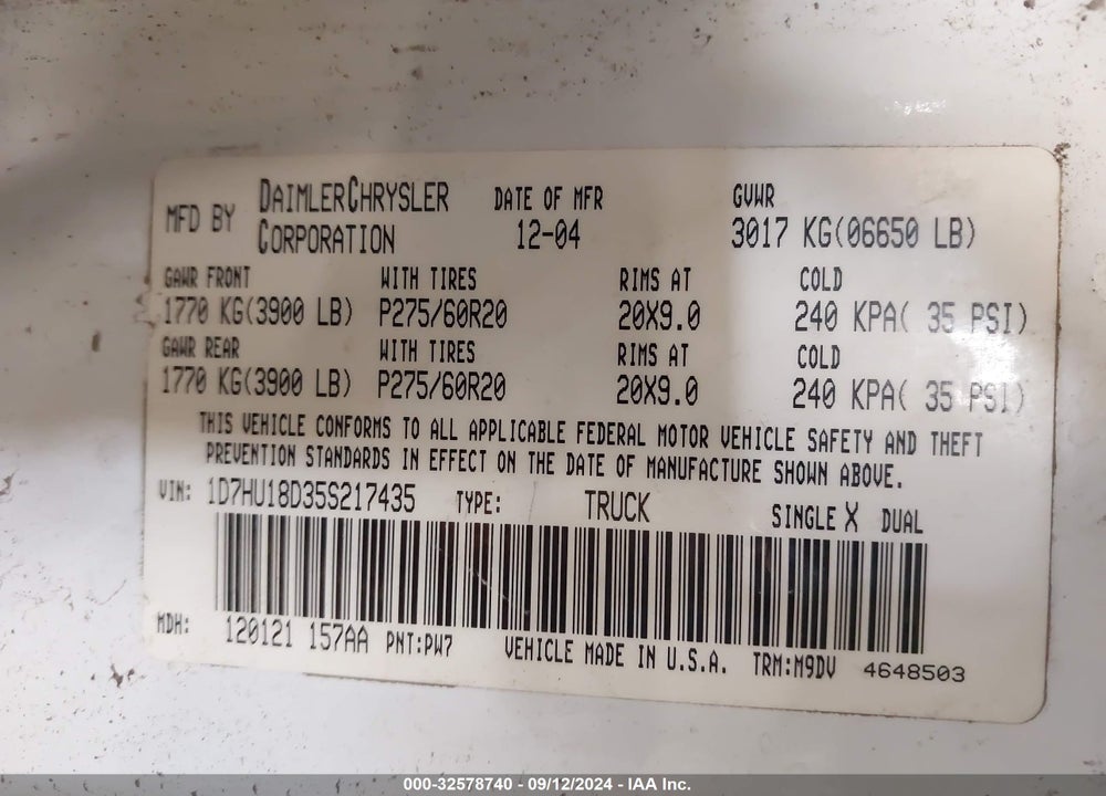 2005 DODGE RAM 1500 SLT/LARAMIE VIN: 1D7HU18D35S217435