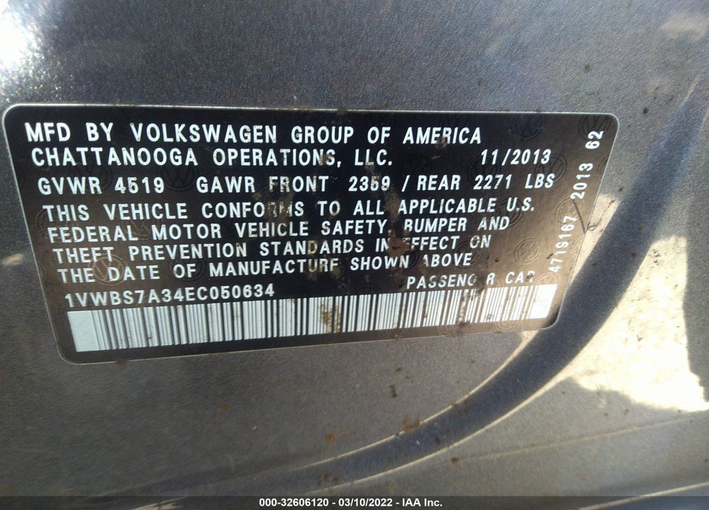 2014 VOLKSWAGEN PASSAT 1.8T SE VIN: 1VWBS7A34EC050634