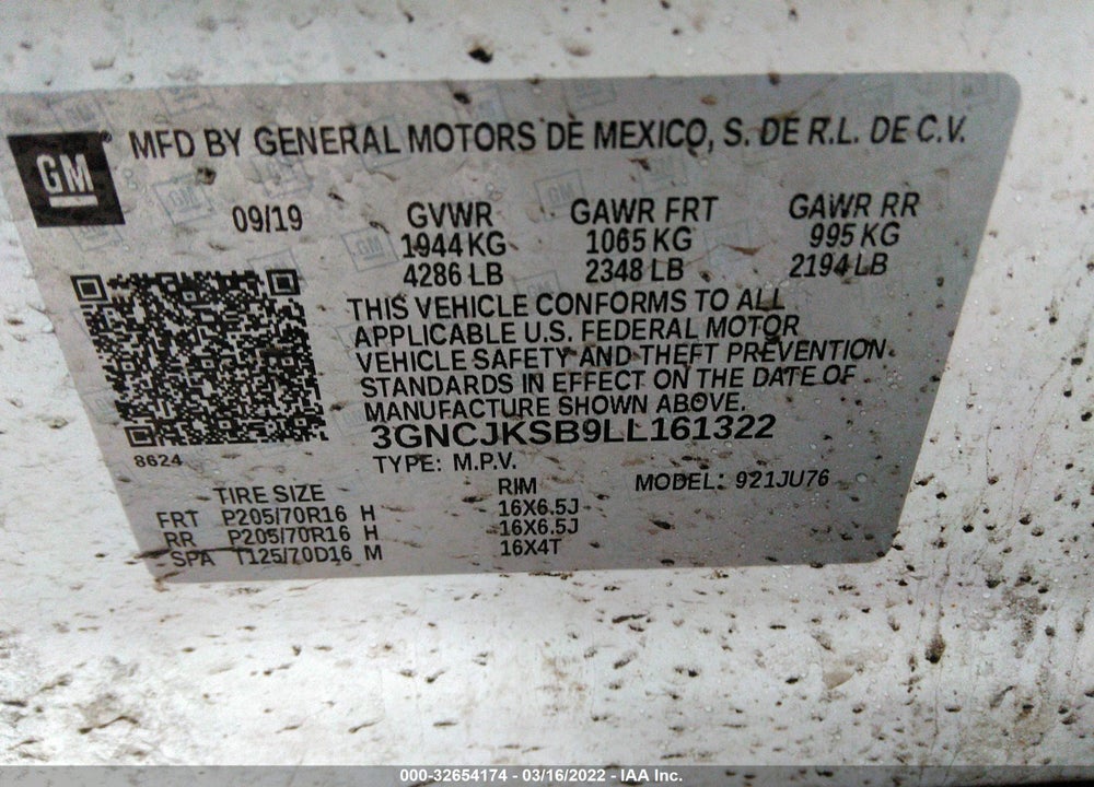 2020 CHEVROLET TRAX FWD LS VIN: 3GNCJKSB9LL161322