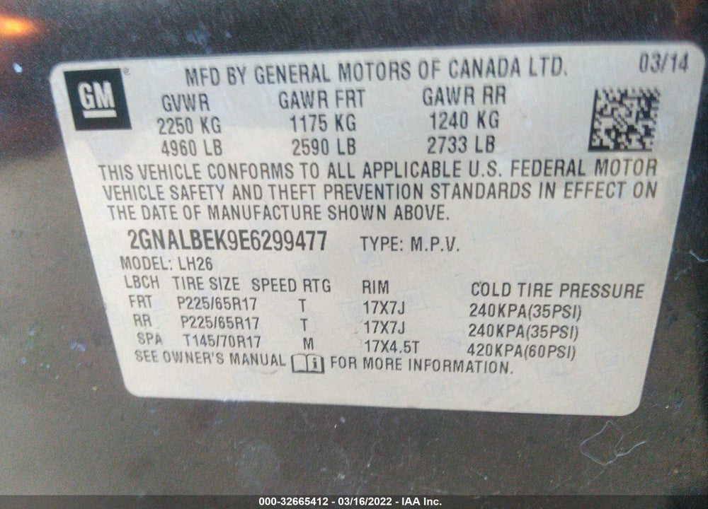 2014 CHEVROLET EQUINOX 1LT VIN: 2GNALBEK9E6299477