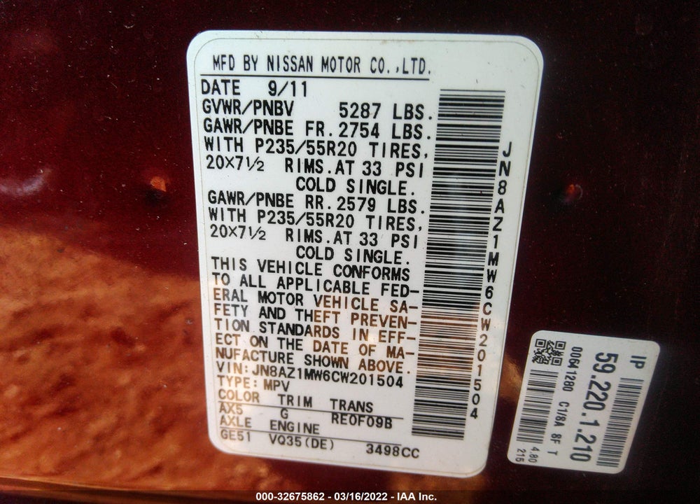 2012 NISSAN MURANO LE VIN: JN8AZ1MW6CW201504