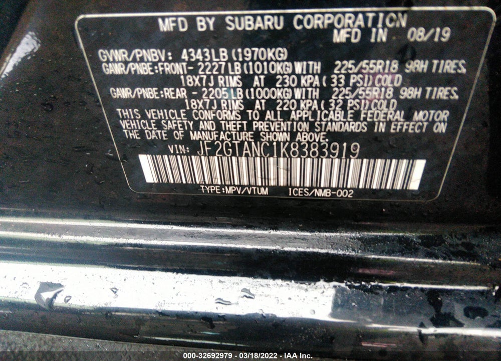 2019 SUBARU CROSSTREK VIN: JF2GTANC1K8383919