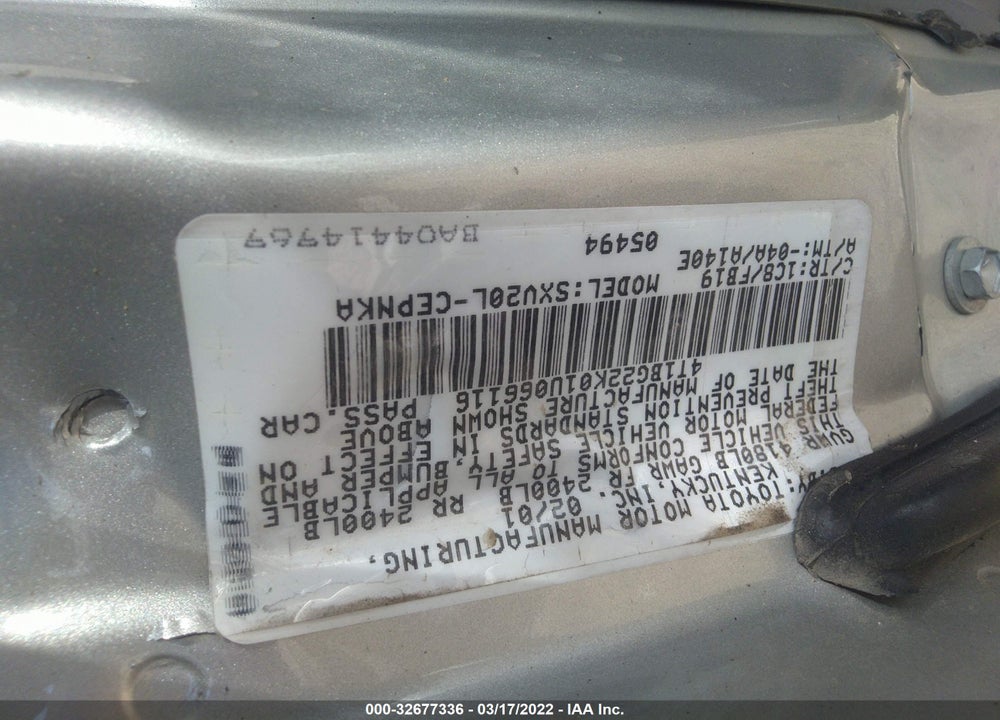 2001 TOYOTA CAMRY LE VIN: 4T1BG22K01U066116