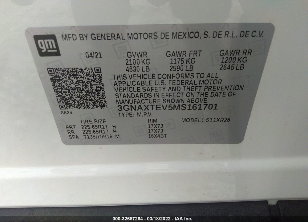 2021 CHEVROLET EQUINOX AWD 2FL VIN: 3GNAXTEV5MS161701
