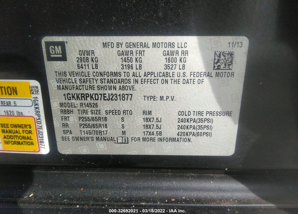 2014 GMC ACADIA SLE-2 VIN: 1GKKRPKD7EJ231877