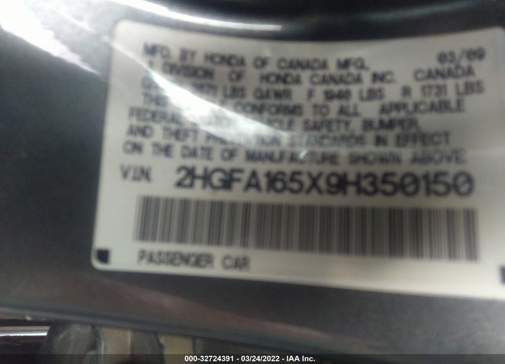 2009 HONDA CIVIC LX VIN: 2HGFA165X9H350150