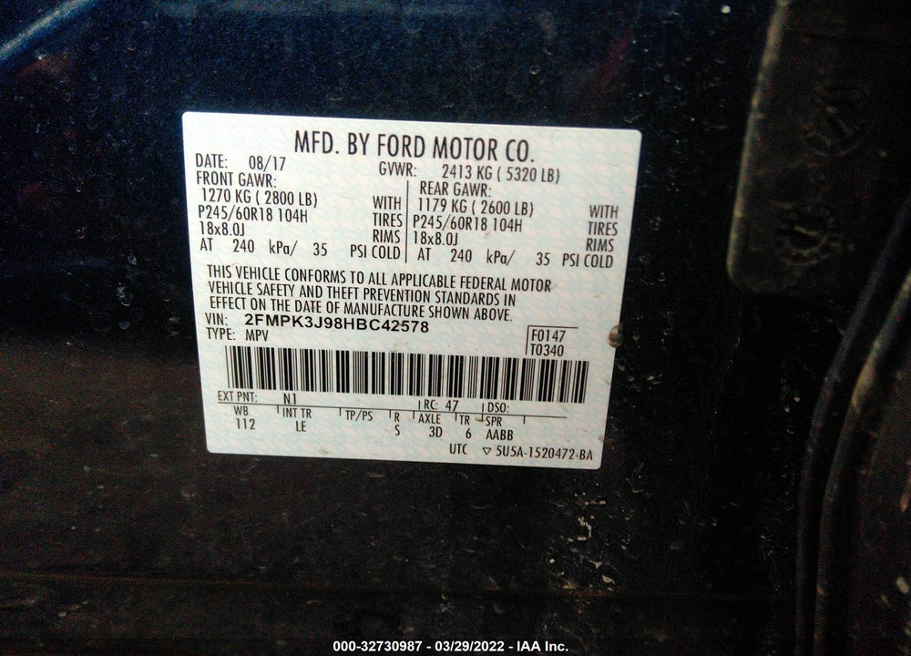 2017 FORD EDGE VIN: 2FMPK3J98HBC42578