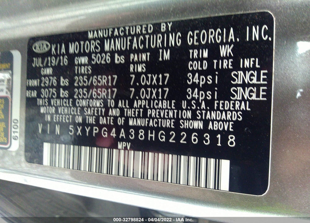 2017 KIA SORENTO VIN: 5XYPG4A38HG226318