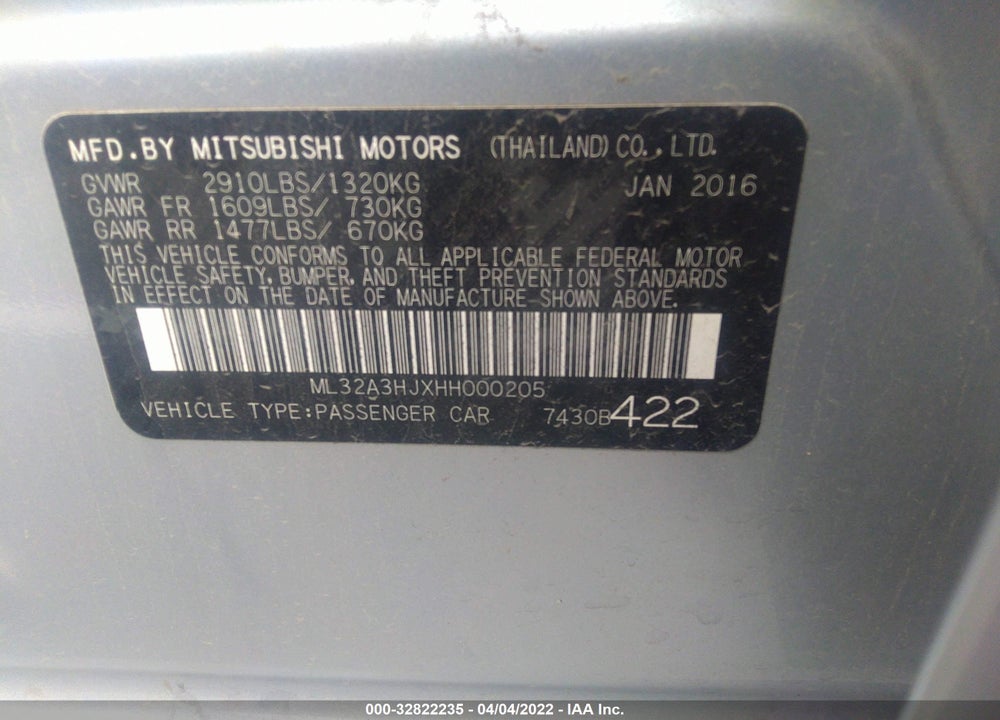 2017 MITSUBISHI MIRAGE VIN: ML32A3HJXHH000205