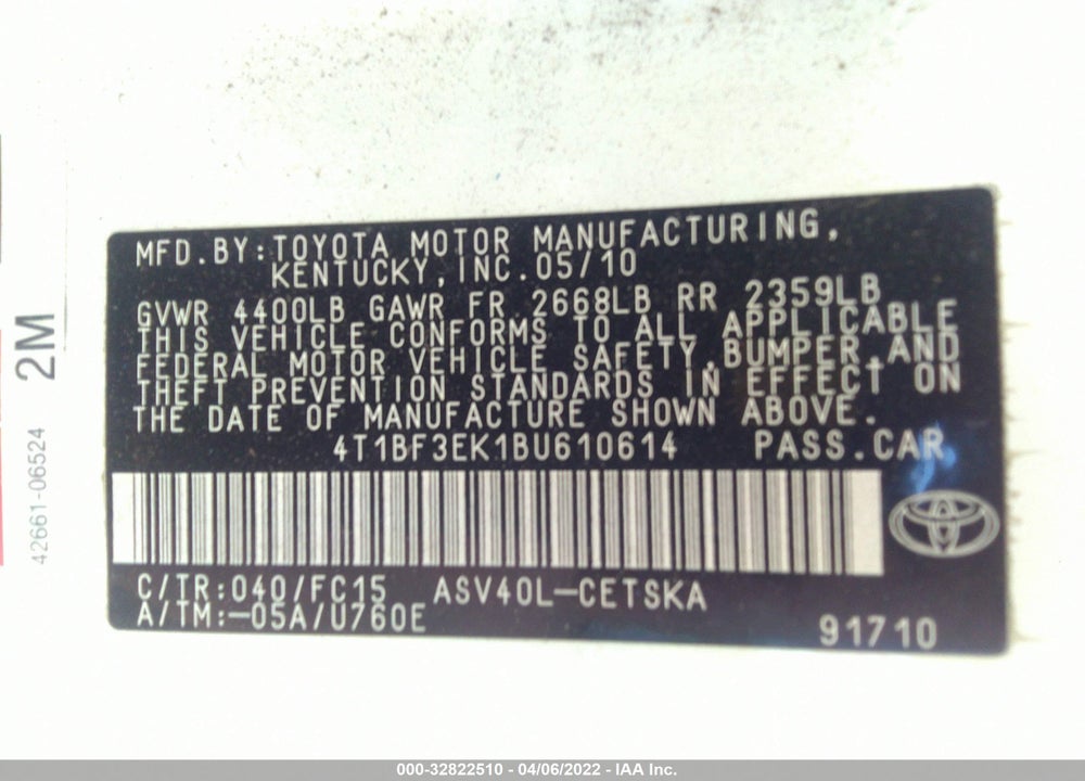 2011 TOYOTA CAMRY SE VIN: 4T1BF3EK1BU610614