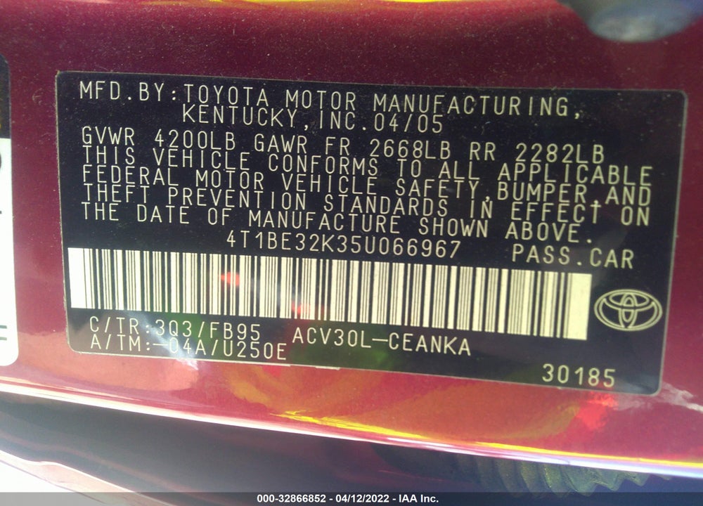 2005 TOYOTA CAMRY XLE/SE/STD/LE VIN: 4T1BE32K35U066967