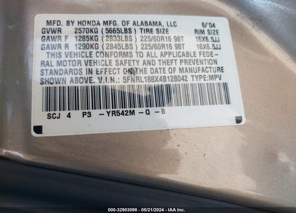 2004 HONDA ODYSSEY EX VIN: 5FNRL188X4B128042