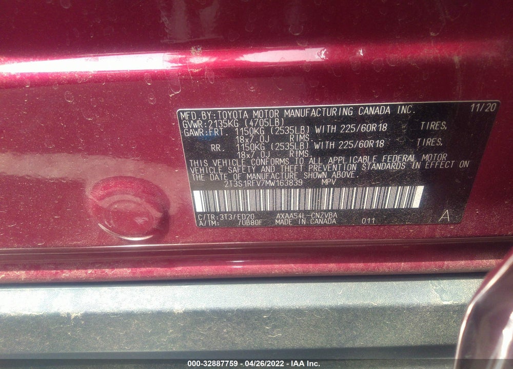 2021 TOYOTA RAV4 VIN: 2T3S1RFV7MW163839