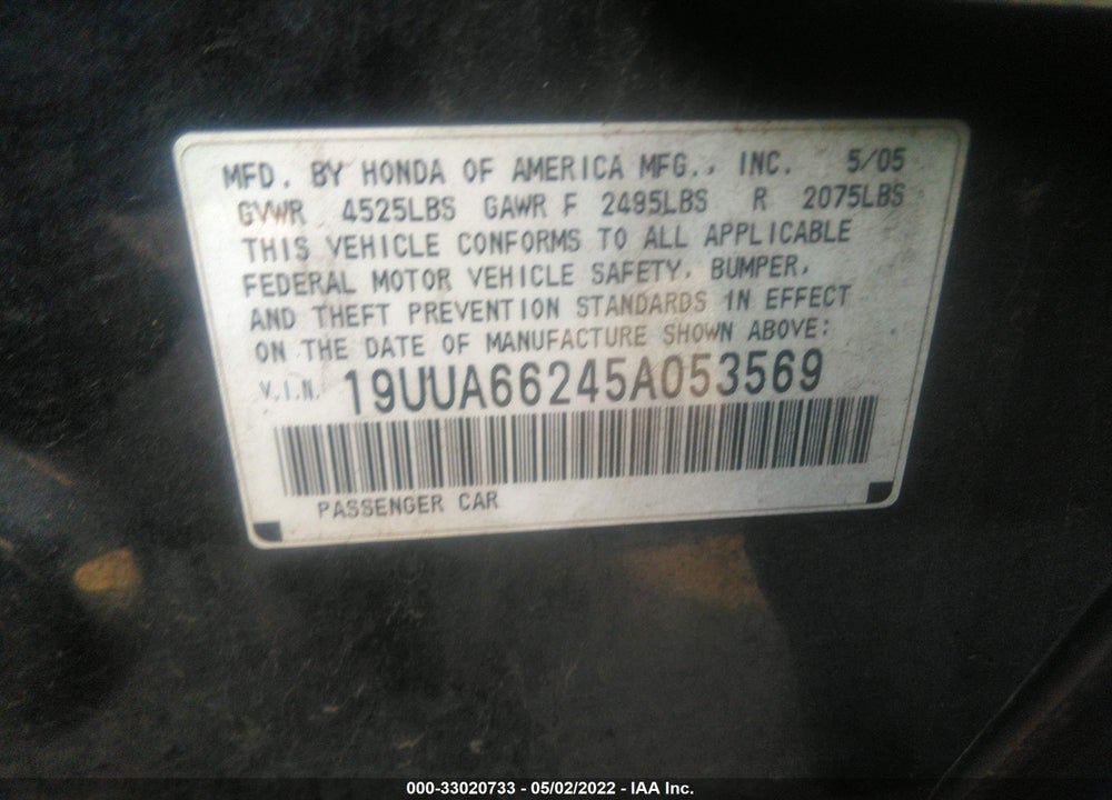 2005 ACURA TL VIN: 19UUA66245A053569
