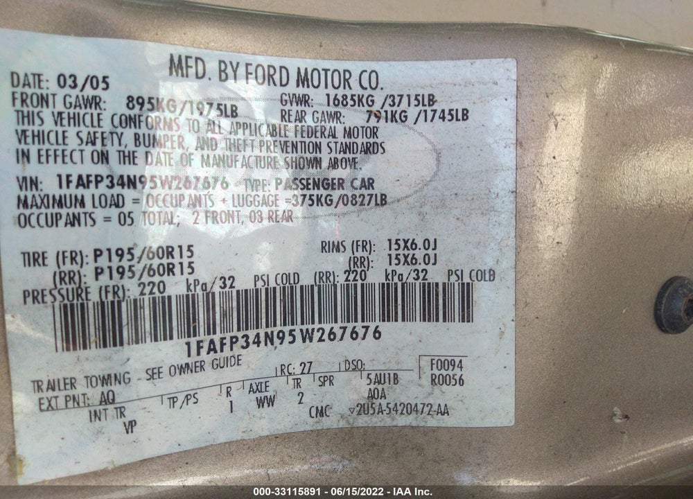 2005 FORD FOCUS ZX4 VIN: 1FAFP34N95W267676