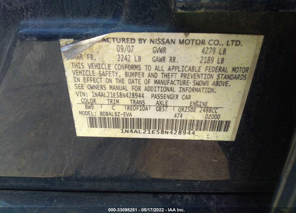 2008 NISSAN ALTIMA 2.5 S VIN: 1N4AL21E58N428944