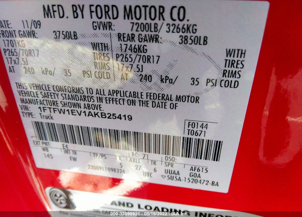 2010 FORD F-150 XLT VIN: 1FTFW1EV1AKB25419