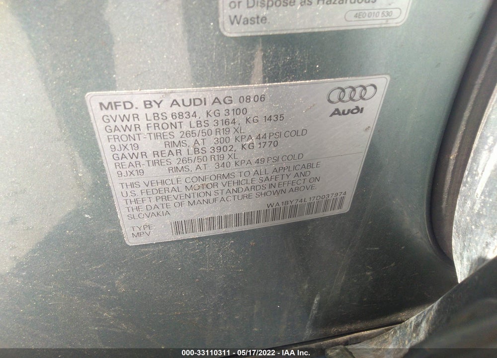 2007 AUDI Q7 3.6 PREMIUM VIN: WA1BY74L17D037974