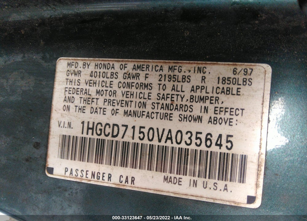 1997 HONDA ACCORD CPE EX VIN: 1HGCD7150VA035645