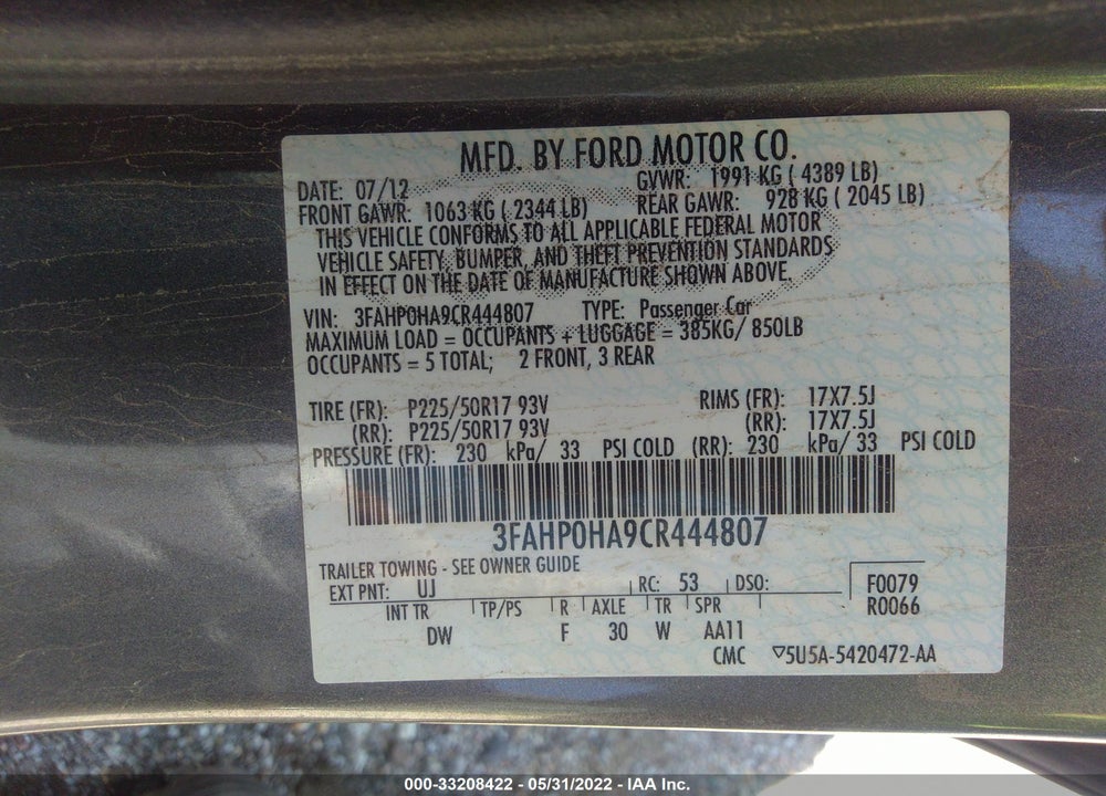 2012 FORD FUSION SE VIN: 3FAHP0HA9CR444807