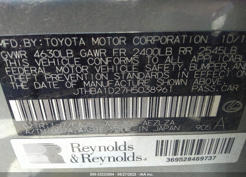2017 LEXUS IS 200T VIN: JTHBA1D27H5038961