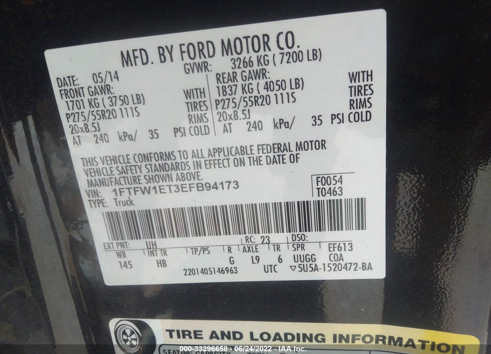 2014 FORD F-150 LARIAT VIN: 1FTFW1ET3EFB94173