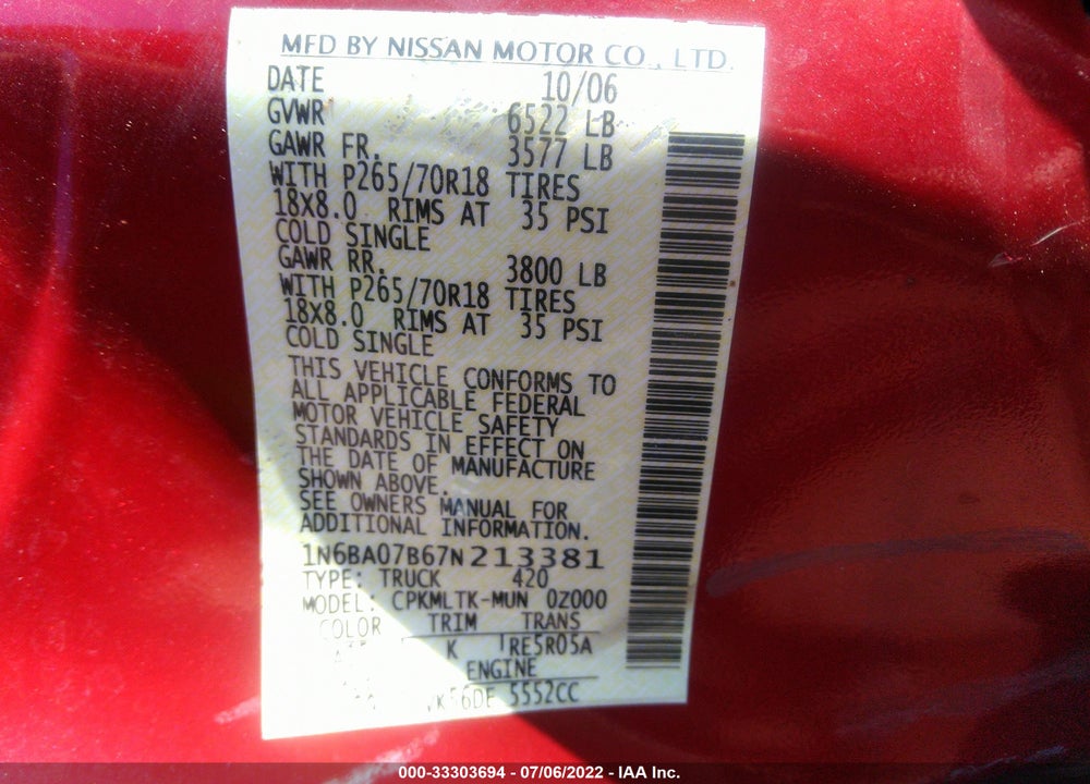2007 NISSAN TITAN SE VIN: 1N6BA07B67N213381