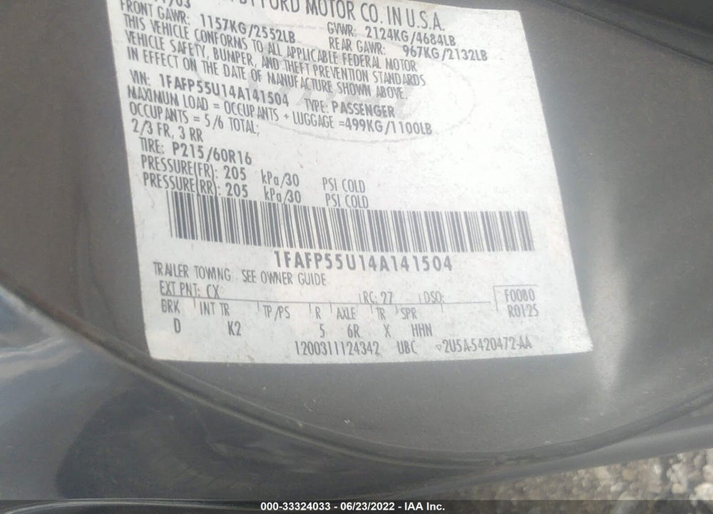 2004 FORD TAURUS SES VIN: 1FAFP55U14A141504